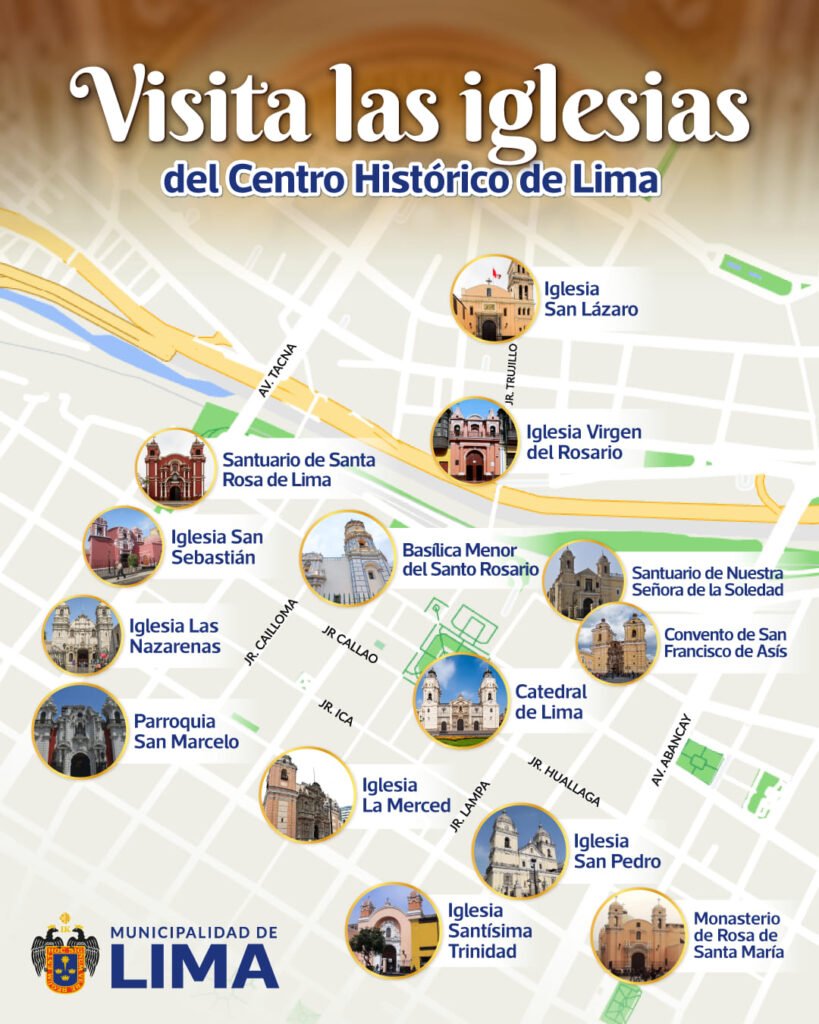 Mapa con la ubicación de las Iglesias del Centro Histórico de Lima, Perú
